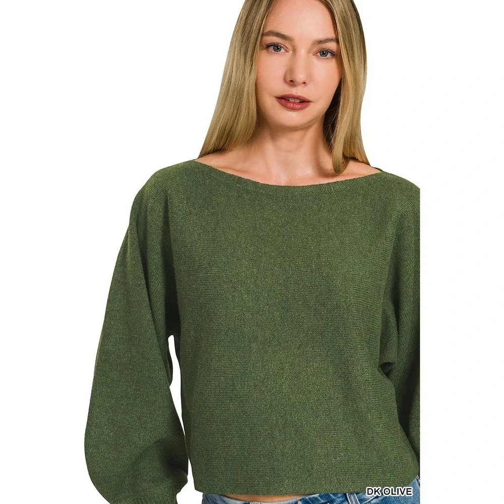 Zenana Boat Neck Balloon Sleeve Sweater - Dk Olive - Small - Picture 4 of 9